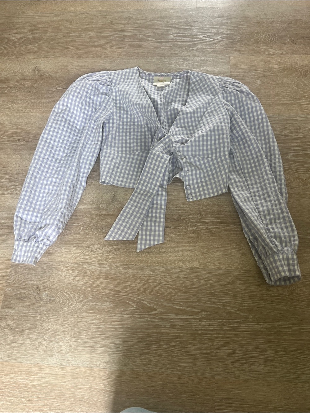 Anthropologie lavender and White Gingham Tie-Front Puff Sleeve Blouse